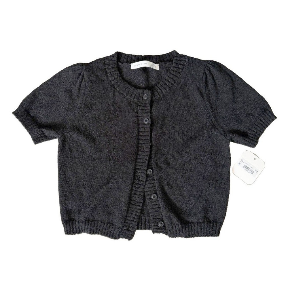 NWT Altar'd State Womens Black Puff Sleeve Cropped Knit Cardigan Sweater Size XS